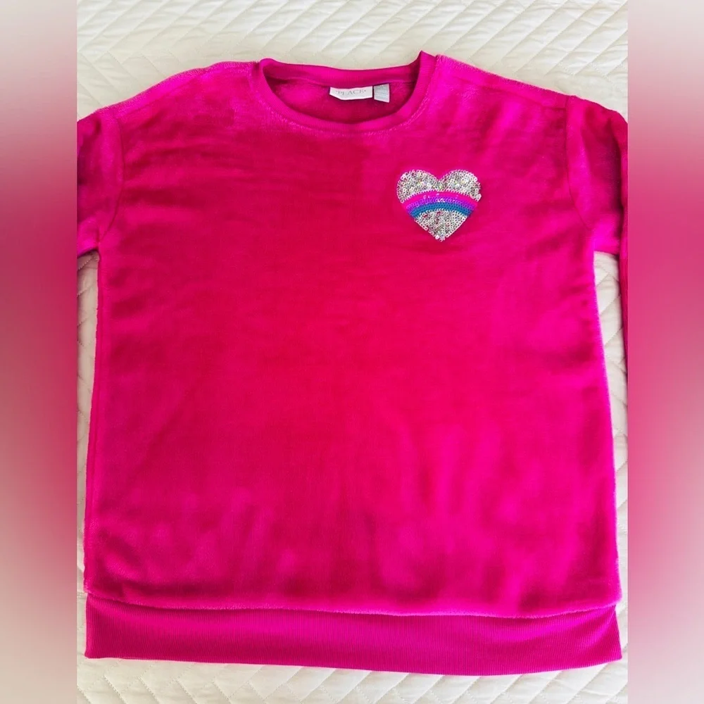 Childrens Place Fuchsia Sequin Heart Furry Sherpa Sweatshirt Top Size XL 14